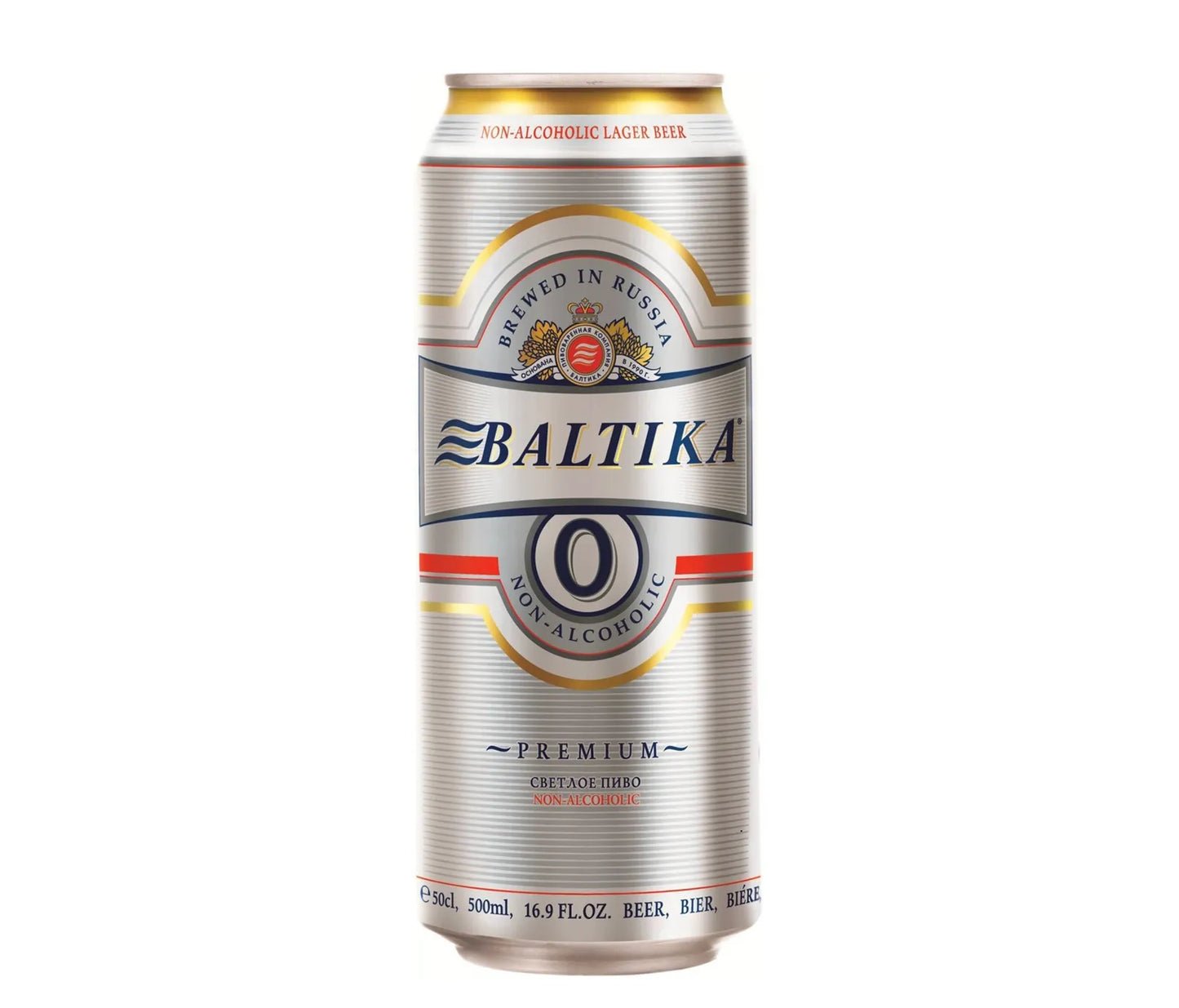 Baltika 0 non-alcoholic beer can on a white background