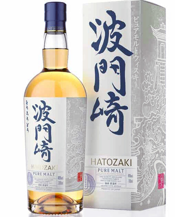 Hatozaki Pure Malt whiskey bottle and packaging with Japanese text