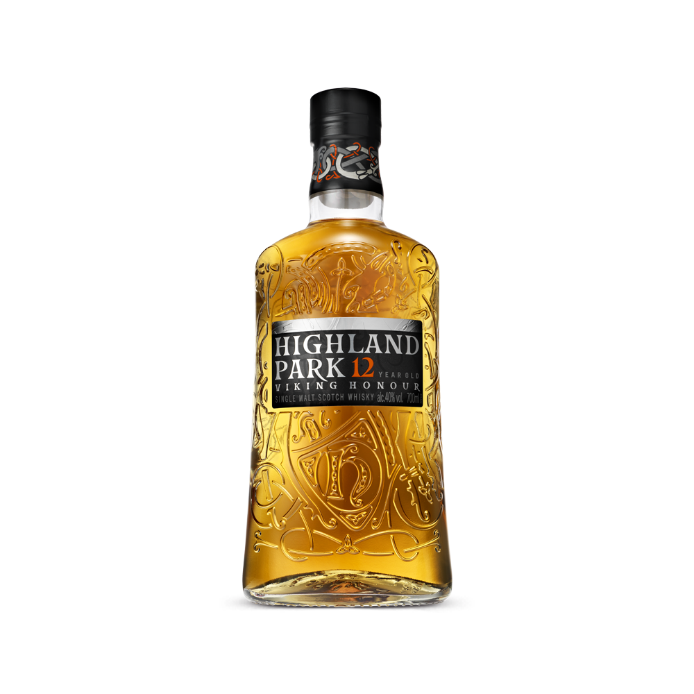 Highland Park whisky bottle on a white background