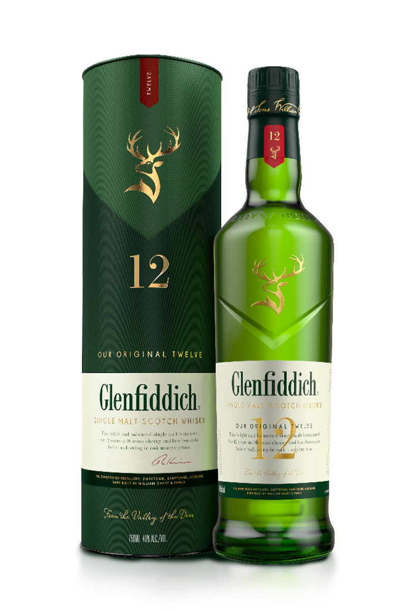 Glenfiddich 12-year-old whisky bottle and packaging on a white background