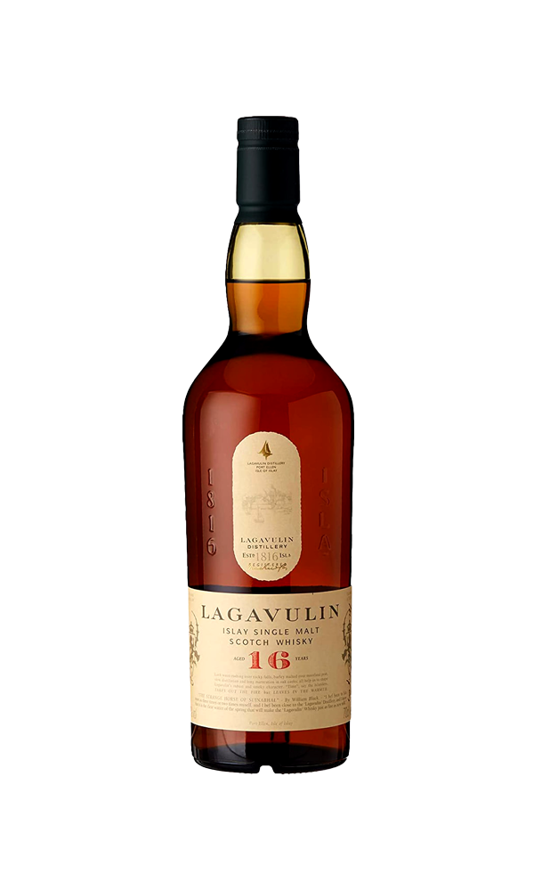 Bottle of Lagavulin whisky on a white background