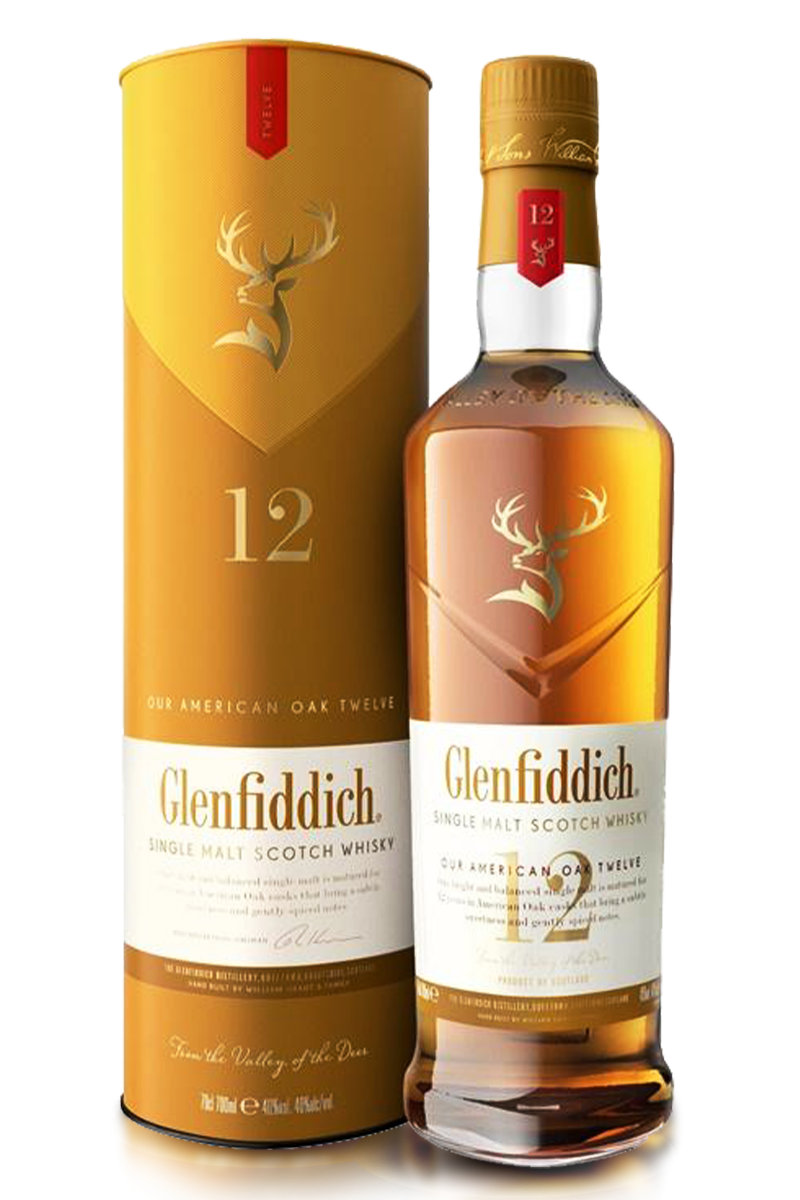 Glenfiddich 12-year-old whisky bottle and packaging on a white background