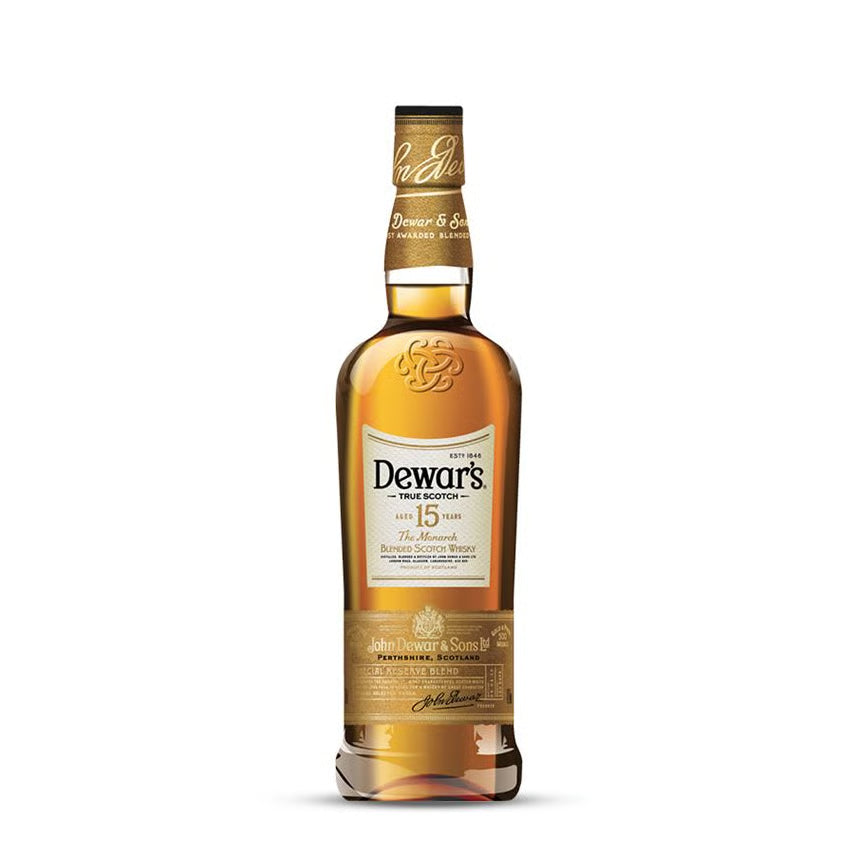 Dewar's 15-year-old whiskey bottle on a white background