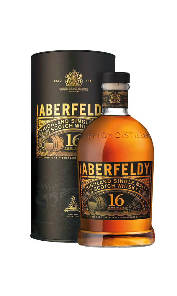 Aberfeldy 16-year-old whisky bottle and packaging on a white background