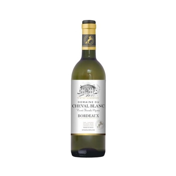 Bottle of Domaine du Cheval Blanc Bordeaux wine on a white background