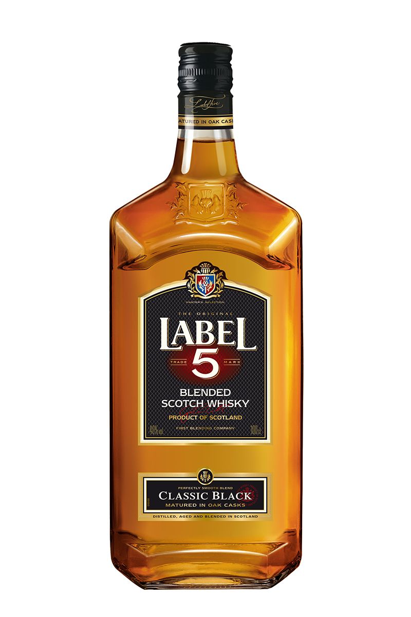 Bottle of Label 5 Blended Scotch Whisky on a white background