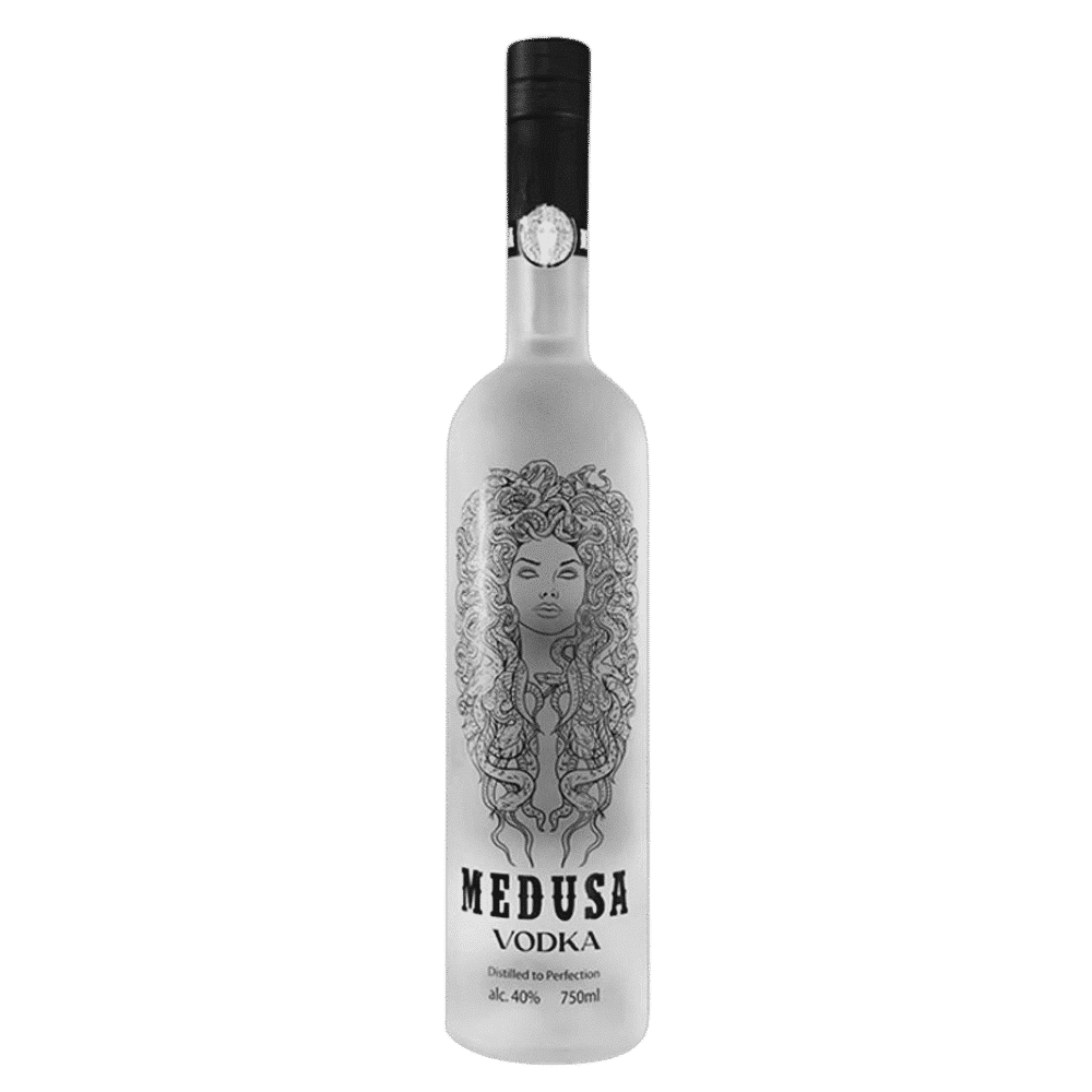 Medusa vodka bottle on a green background
