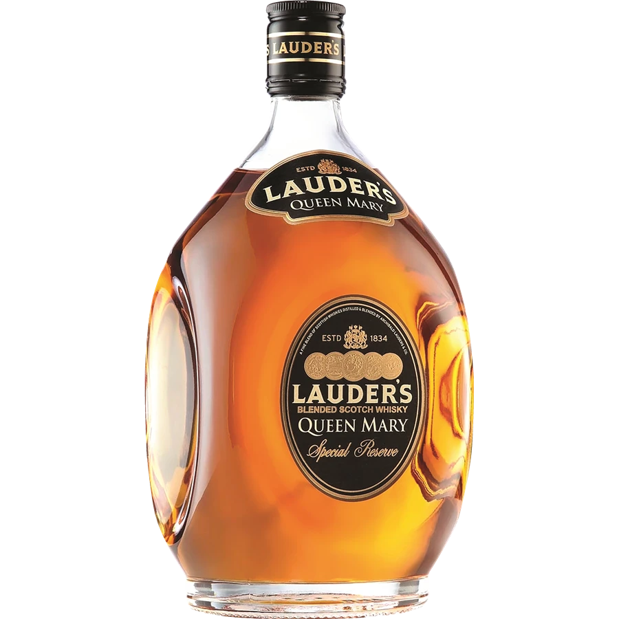 Bottle of Lauders Queen Mary whisky on a white background