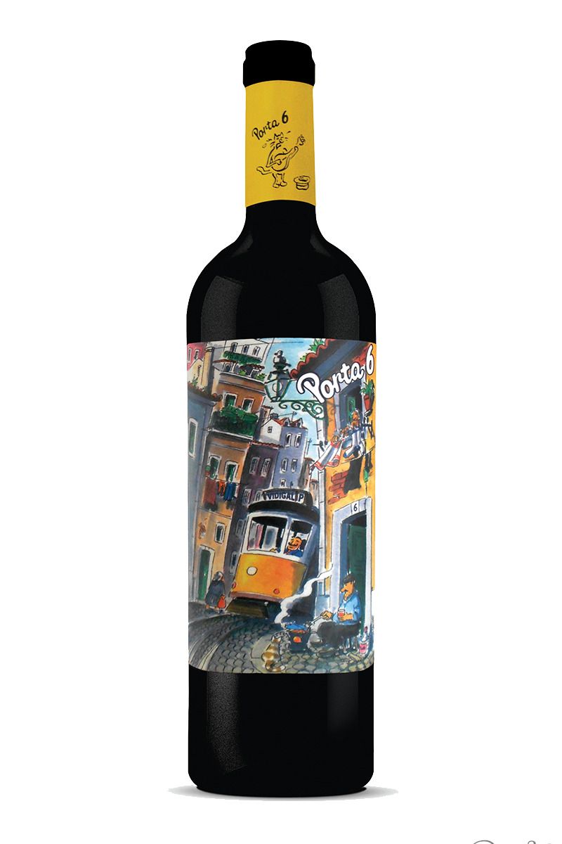 Wine bottle with a colorful label featuring a street scene and 'Porto' branding.