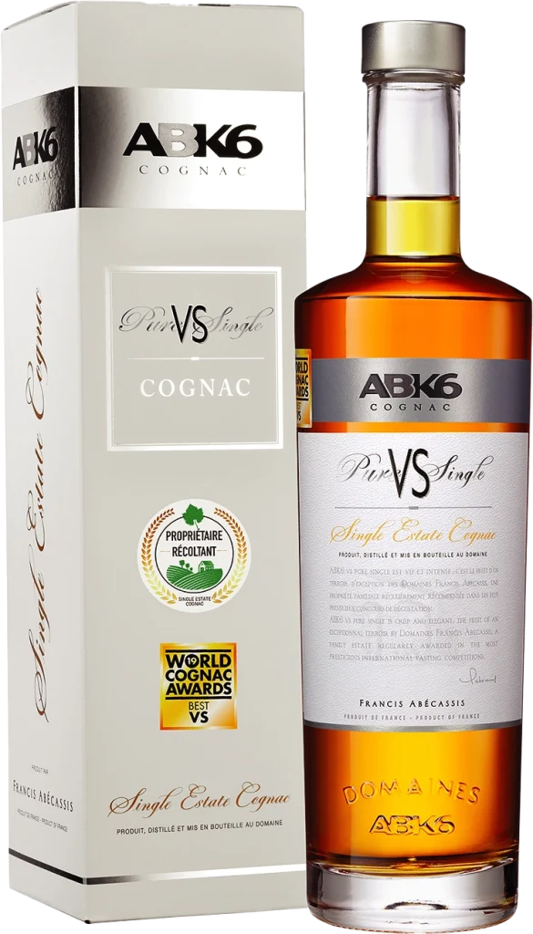 ABK6 Cognac bottle and box with a gold label on a white background