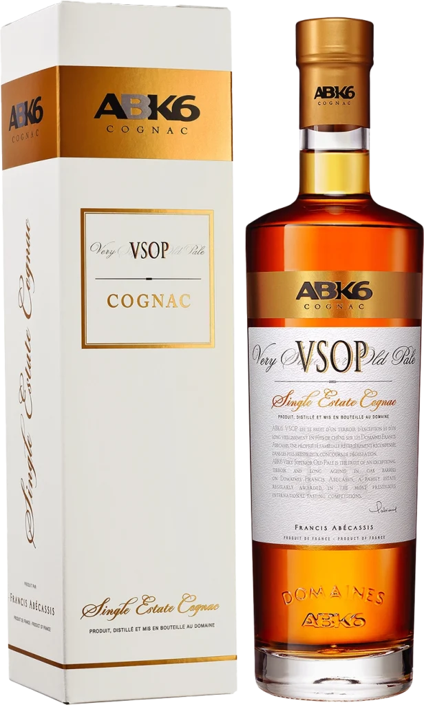 ABK6 VSOP Cognac bottle and box on a white background