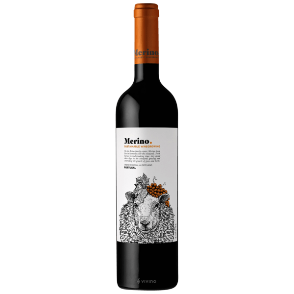 Wine bottle with 'Merino' label featuring a sheep illustration on a white background