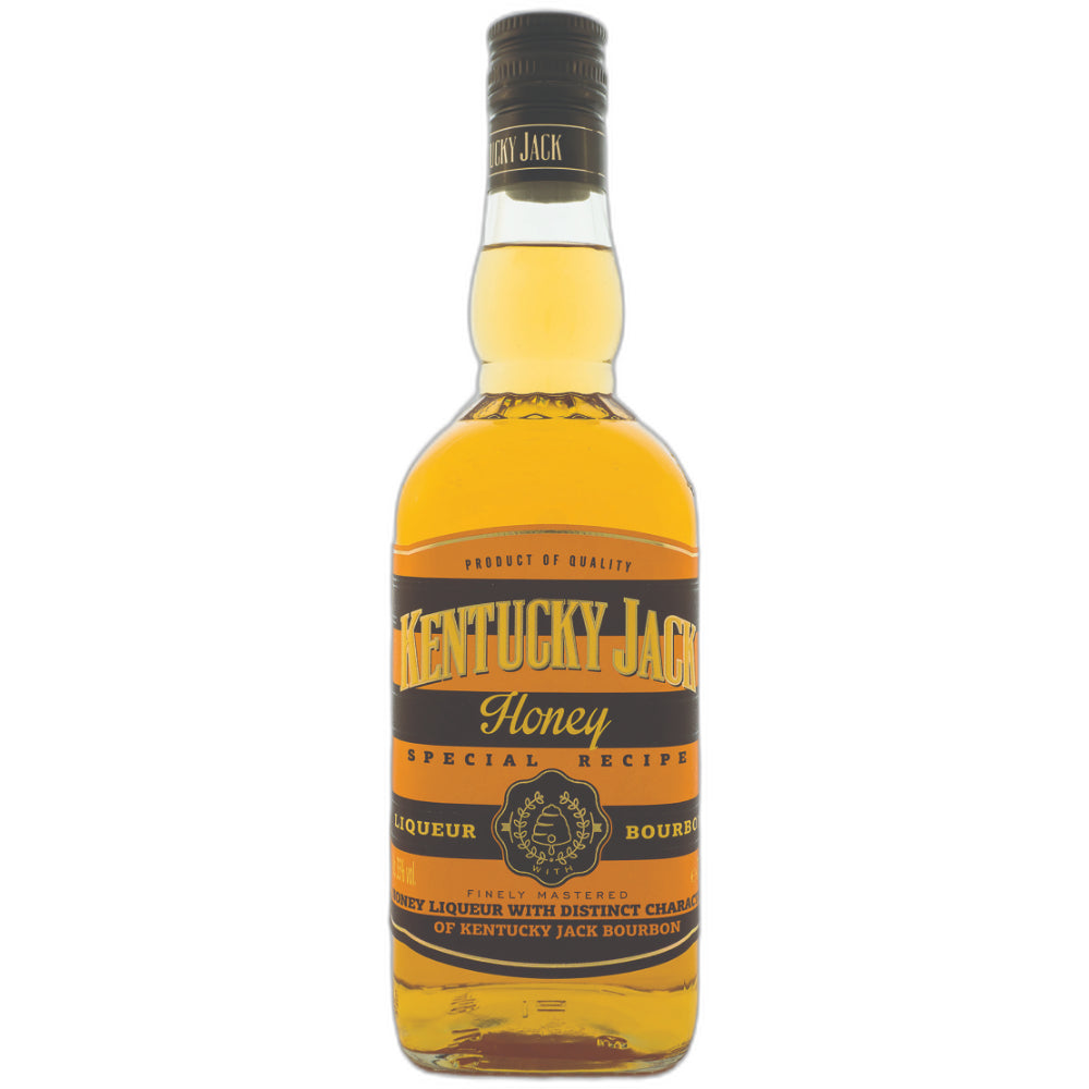 Bottle of Kentucky Jack Honey bourbon on a white background