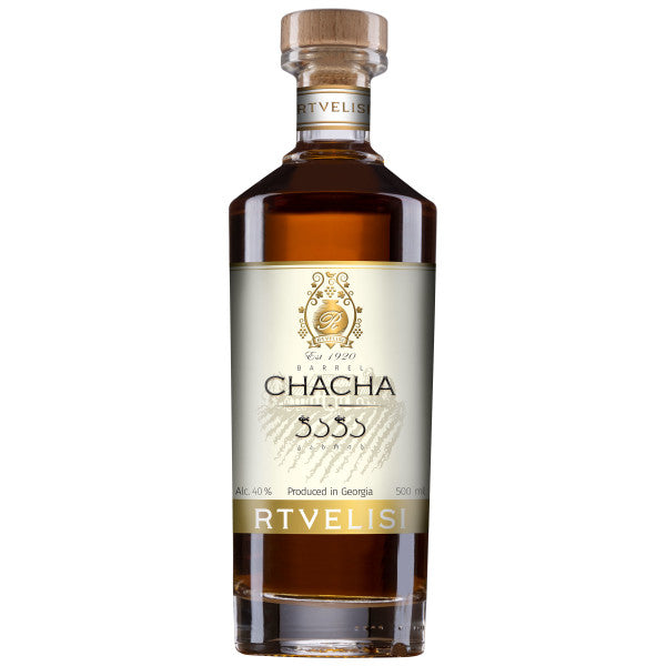 Bottle of Chacha Rtvelisi liquor on a white background