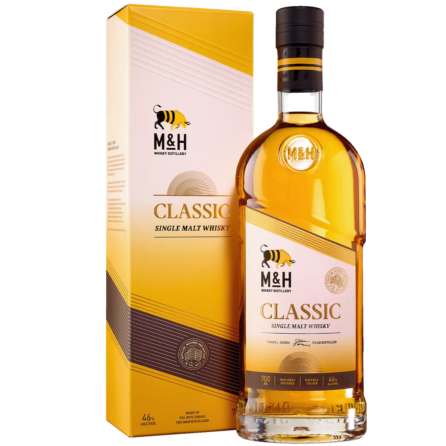 M&H Classic Single Malt Whisky bottle and packaging on a white background