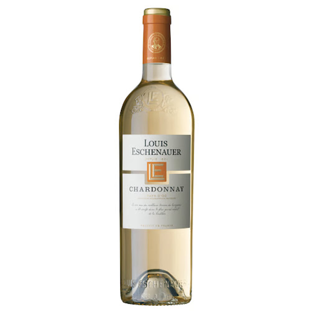 Bottle of Louis Eschenauer Chardonnay wine on a white background