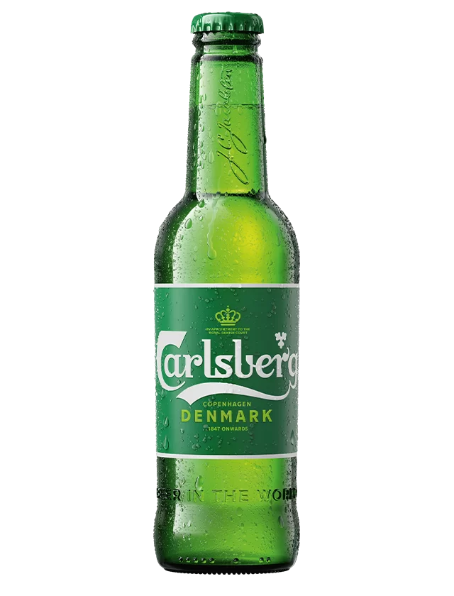 Green Carlsberg beer bottle on a white background