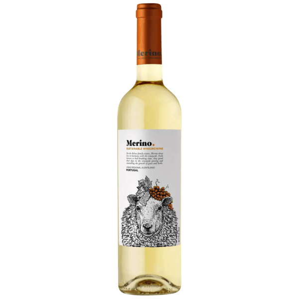 Wine bottle labeled 'Merino' with a sheep illustration on a gray background