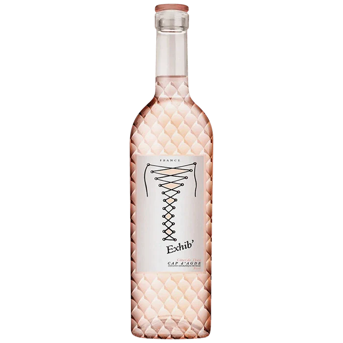 Rose gold bottle with a white label on a white background