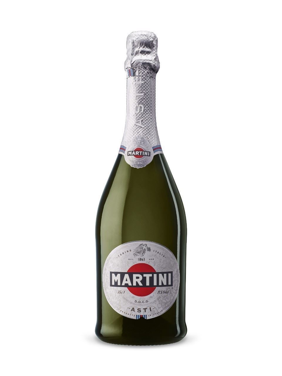 Martini Asti sparkling wine bottle on a white background