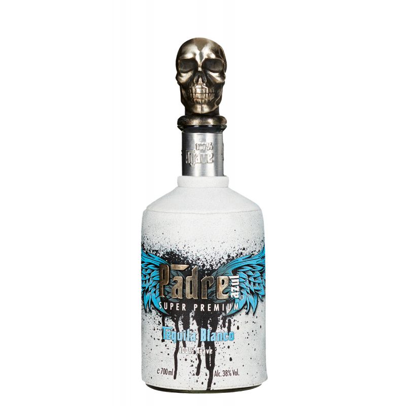 Bottle of Padre Super Premium Blanco Tequila with skull design on a white background