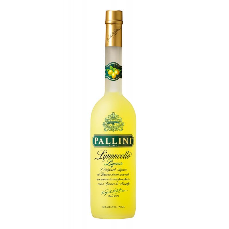Yellow bottle of Pallini Limoncello Liqueur with gold cap on a white background