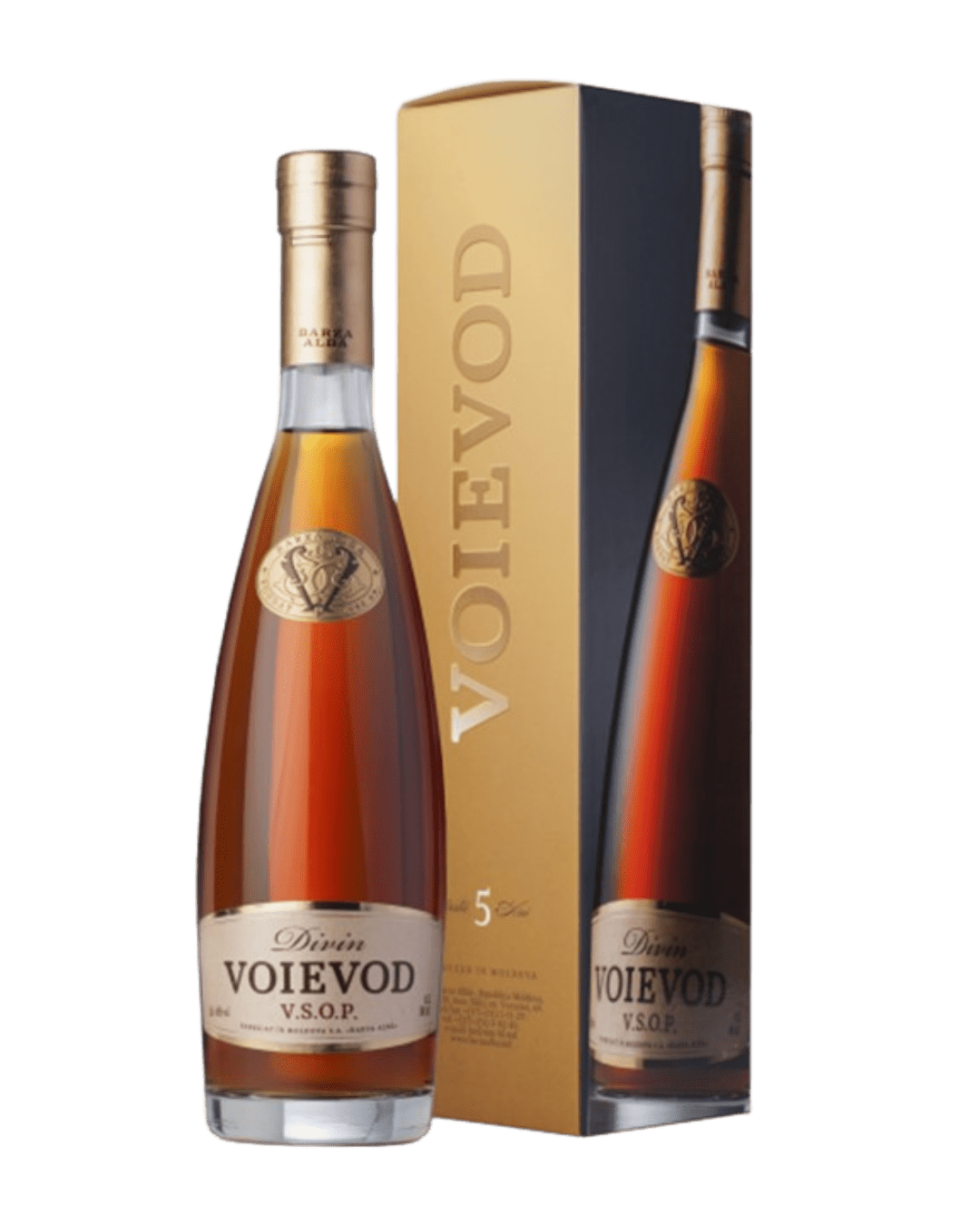 Bottle and packaging of Voievod VSOP cognac on a green background
