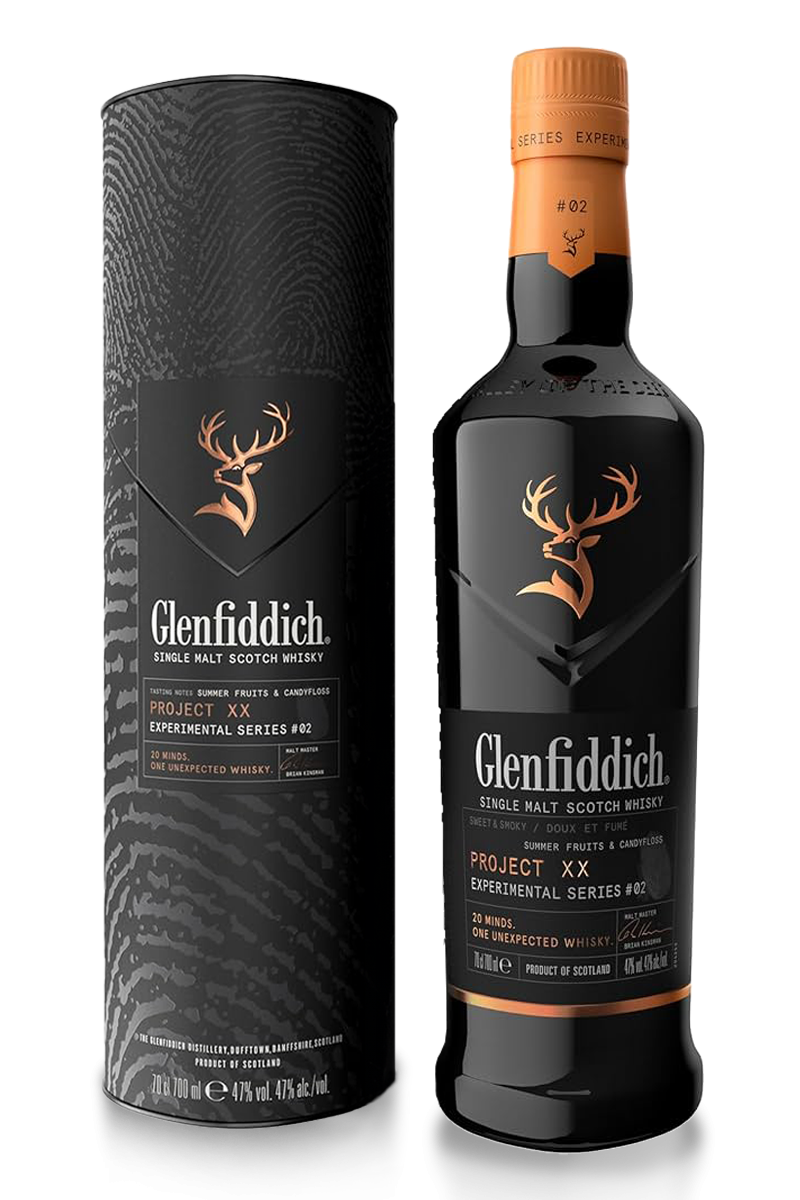Glenfiddich Project XX whisky bottle and packaging on a white background