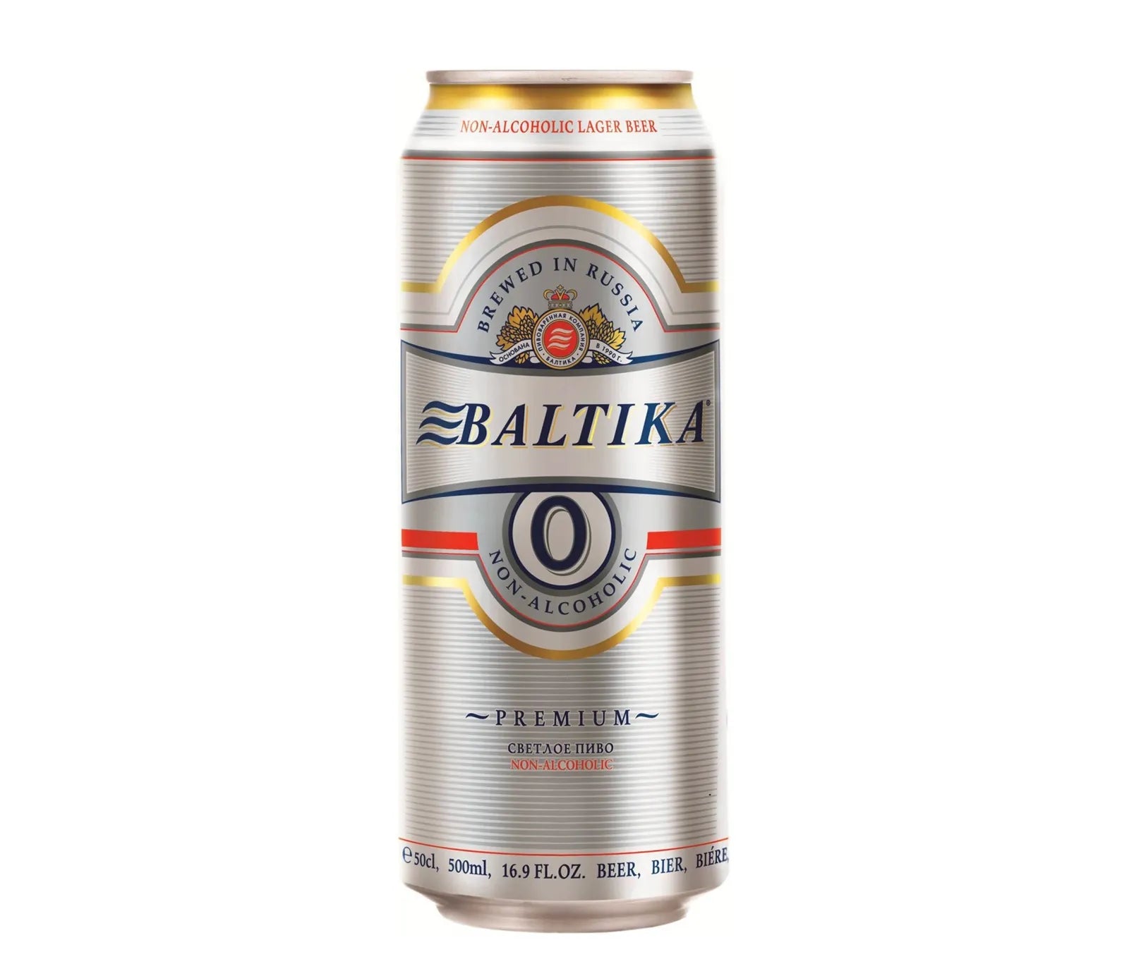 Baltika 0 non-alcoholic beer can on a white background