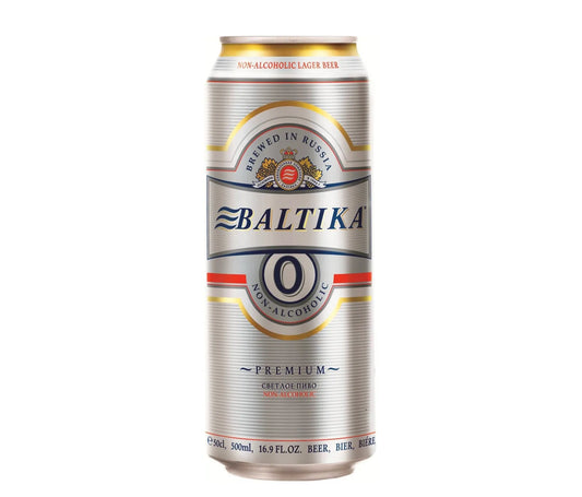 Baltika 0 non-alcoholic beer can on a white background