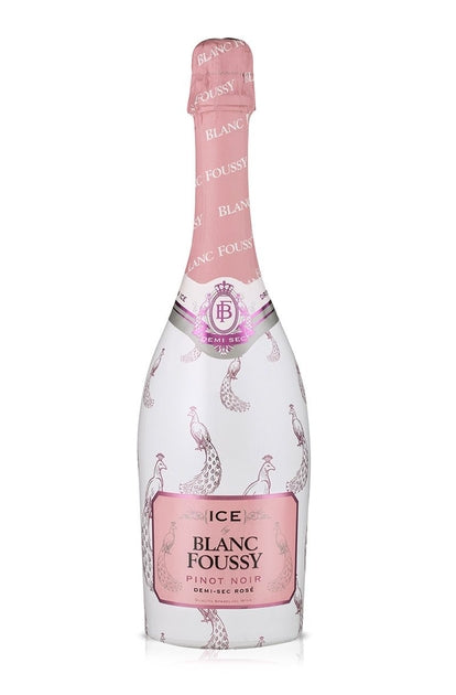Bottle of Blanc Foussy pink wine on a white background