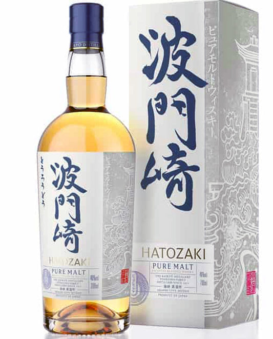 Hatozaki Pure Malt whiskey bottle and packaging with Japanese text