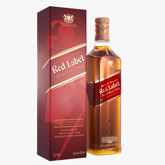 Johnnie Walker Red Label whisky bottle and packaging on a white background