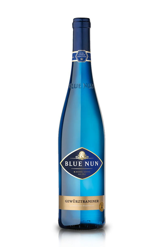 Blue Nun wine bottle on a white background