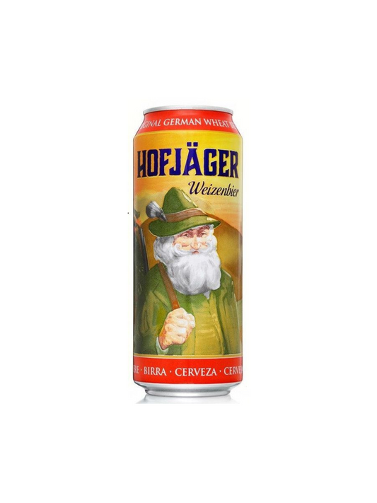 Hofjager beer can with a character design on a white background
