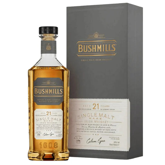 Bushmills 21-year-old single malt whiskey bottle and packaging on a white background