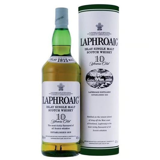 Laphroaig 10-year-old Islay single malt Scotch whisky bottle and packaging on a white background
