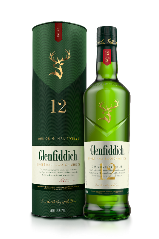 Glenfiddich 12-year-old whisky bottle and packaging on a white background