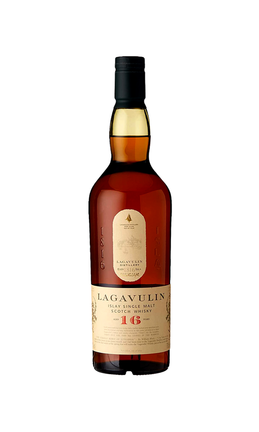 Bottle of Lagavulin whisky on a white background