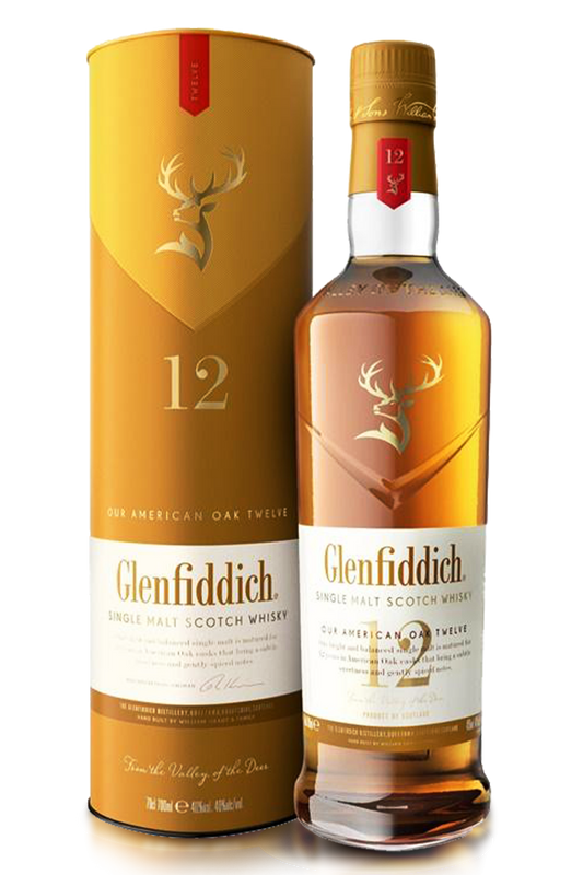 Glenfiddich 12-year-old whisky bottle and packaging on a white background