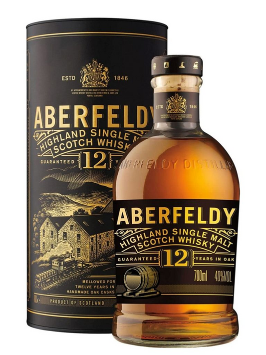 Aberfeldy Highland Single Malt Scotch Whisky bottle and packaging on a white background