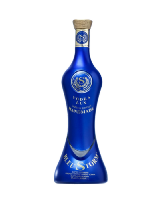 Blue bottle of Bluestorm vodka on a white background