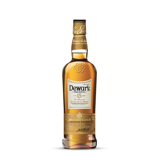 Dewar's 15-year-old whiskey bottle on a white background