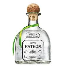 Patron Silver tequila bottle with a cork stopper on a white background