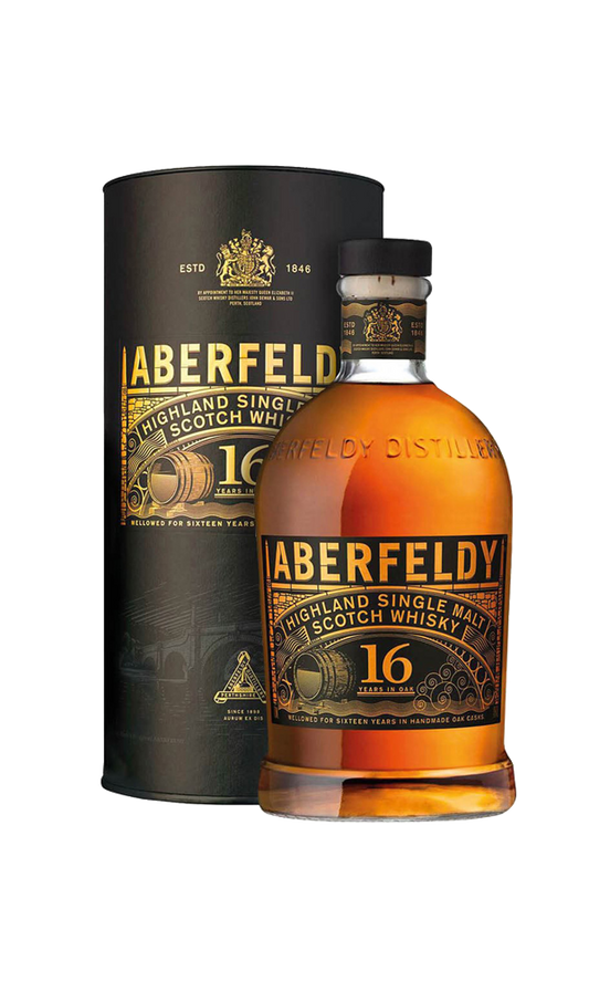 Aberfeldy 16-year-old whisky bottle and packaging on a white background