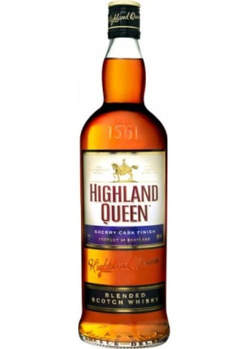Bottle of Highland Queen Blended Scotch Whisky on a white background