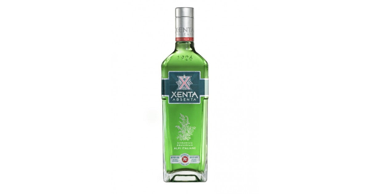 Green bottle of Xenta Absenta on a white background