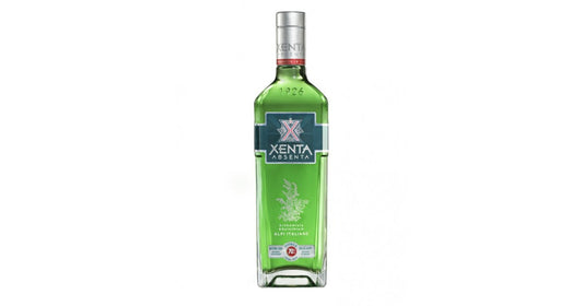 Green bottle of Xenta Absenta on a white background