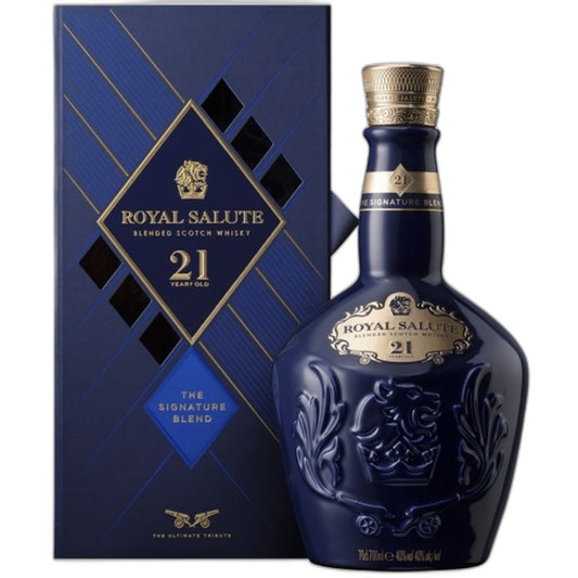Royal Salute 21-year-old blended Scotch whisky bottle and box on a white background