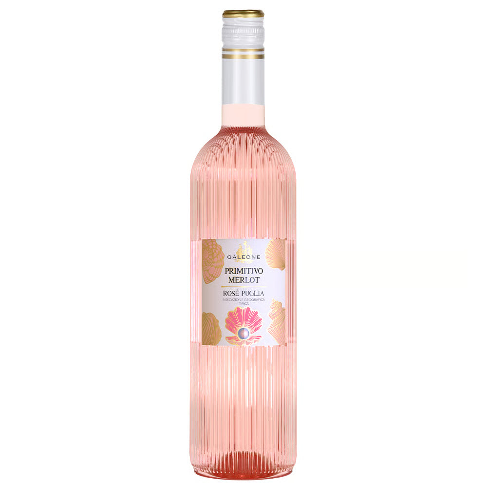 Pink wine bottle with a label on a white background